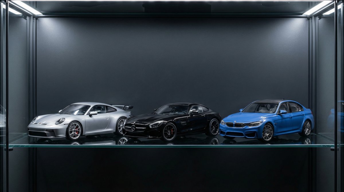 Kolekcionaru automodeli meroga 1:18 no Porsche, Mercedes-Benz un BMW stikla vitrina