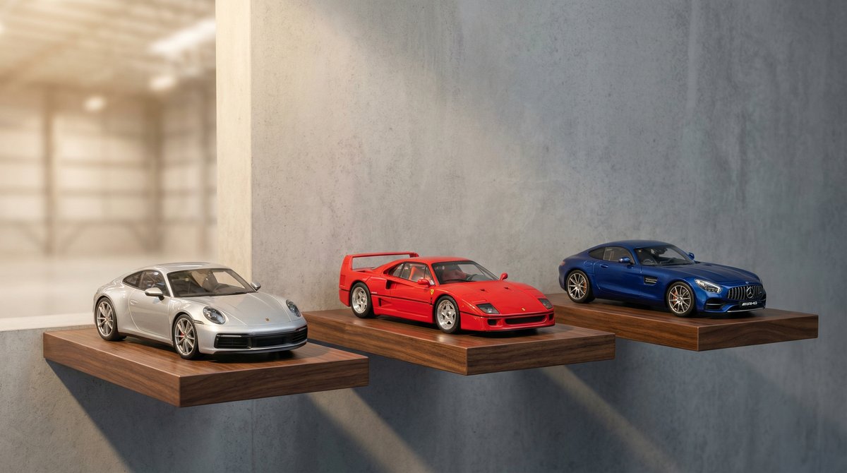 Models118 noliktava ar kolekcionaru automodeliem no lietaja metala vitrinu plauktos