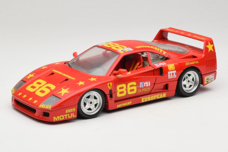 Ferrari F40 LM #86 Ch. Pozzi IMSA 24 Hours of Le Mans 1985 Sarkans Bburago 1:18 3332-P6 Metāls