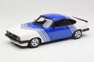 Ford Capri Mk2 3.0 Balts ar Zilām Svītrām Minichamps 1:18 155788600 Metāls