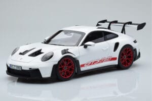 Porsche 911 992 GT3 RS Balts Pyro Sarkans Norev 1:18 187352 Metāls