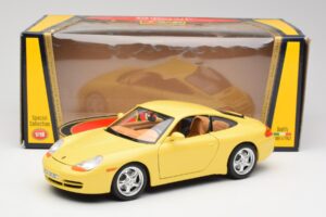 Porsche 911 996 Carrera Dzeltens Bburago 1:18 30085-M1 Metāls — attēls 8 no 8