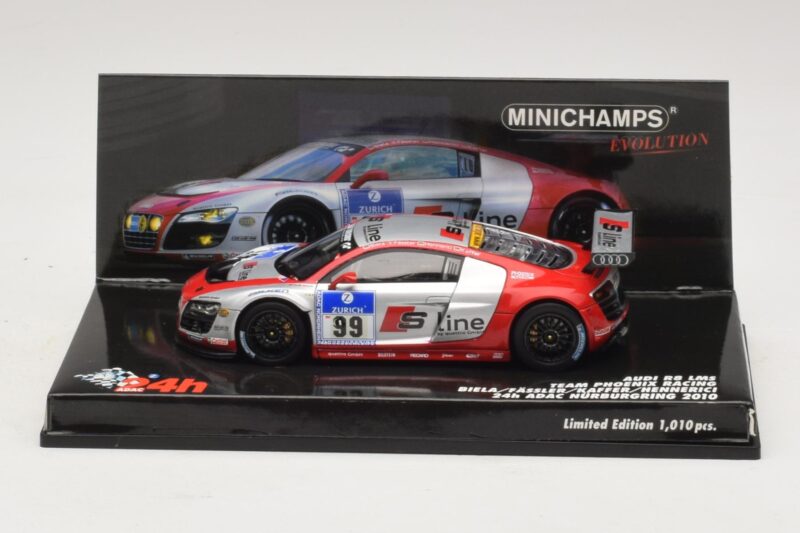 Audi R8 LMS GT3 #99 F. Biela / M. Fassler Phoenix Racing 24 Hours of Nurburgring 2010 Minichamps 1:43 Audi R8 LMS GT3 #99 F. Biela / M. Fassler Phoenix Racing 24 Hours of Nurburgring 2010 Minichamps 1:43 437101999 Metāls