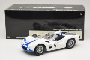 Maserati Tipo 61 #5 S. Moss / D. Gurney Camoradi ADAC 1000km Nurburgring Winner 1960 Minichamps 1:18 100601205 Metāls — attēls 8 no 8